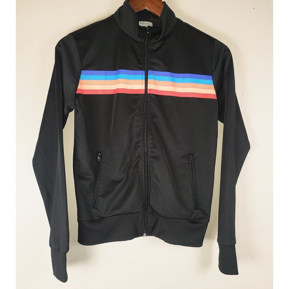 Forever 21 Black Retro Stripe Women's Small Zip Up Track Jacket Sportwear Y2K